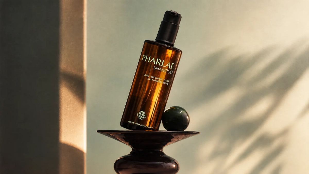  bottle of PHARLAE SHAMPOO standing on a dark pedestal against a softly lit beige wall with warm sunlight and leaf shadows. The bottle is amber brown with a black cap and gold lettering.